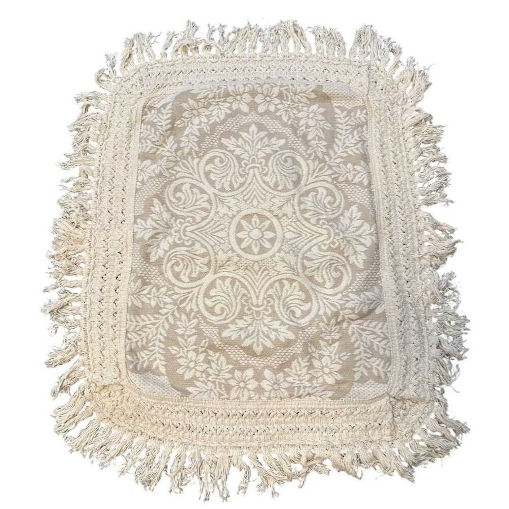 VTG Beige Floral Jacquard‎ Throw Blanket with Fringe | 21.5" x 35" Accent Cover